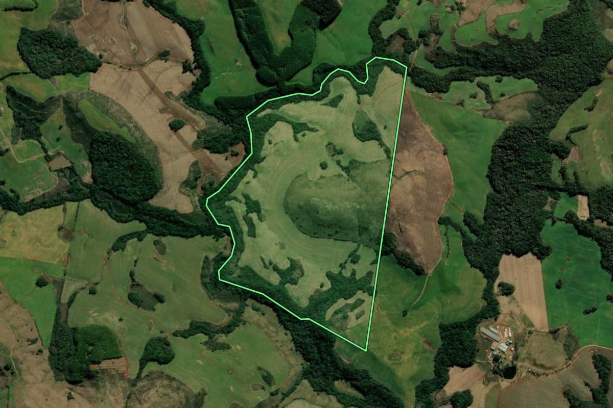 Imagem de satélite do imóvel rural em André da Rocha (RS), com o contorno declarado no CAR desenhado por cima.