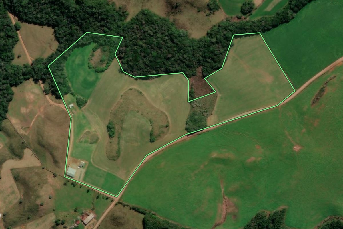 Imagem de satélite do imóvel rural em André da Rocha (RS), com o contorno declarado no CAR desenhado por cima.