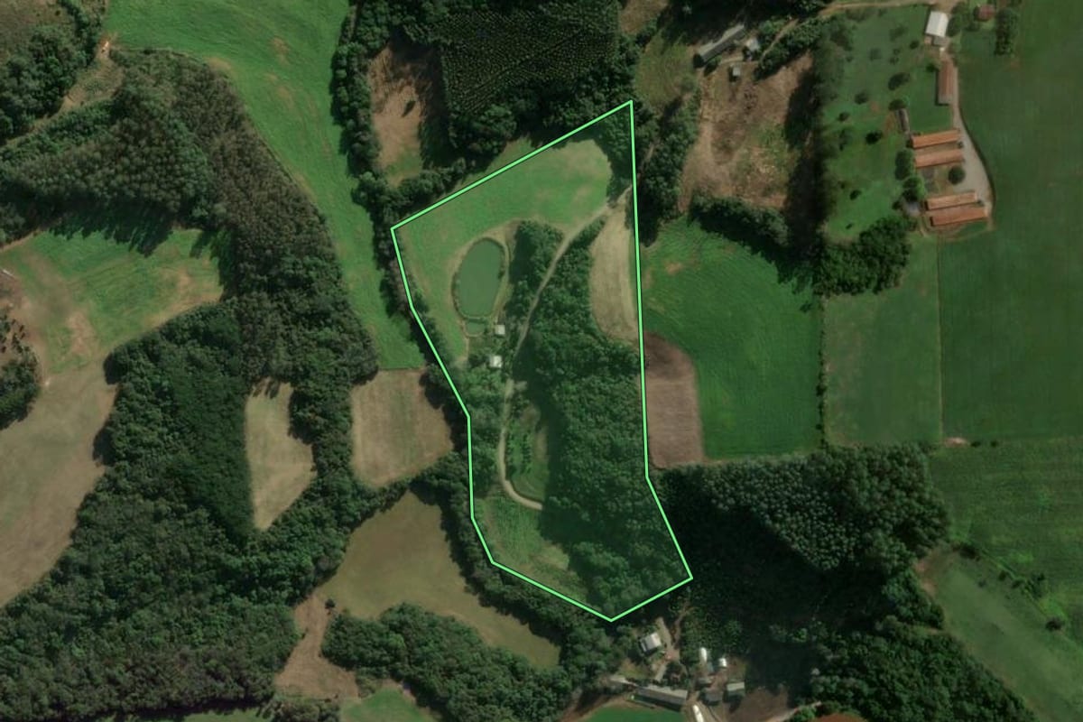 Imagem de satélite do imóvel rural em Anta Gorda (RS), com o contorno declarado no CAR desenhado por cima.
