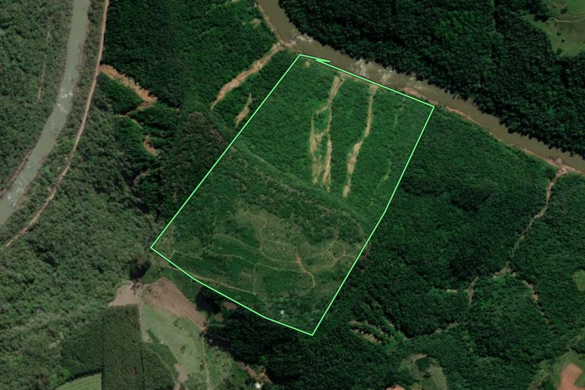 Imagem de satélite do imóvel rural em Anta Gorda (RS), com o contorno declarado no CAR desenhado por cima.