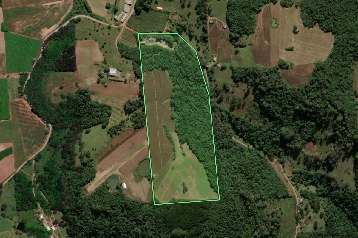 Imagem de satélite do imóvel rural em Antônio Prado (RS), com o contorno declarado no CAR desenhado por cima.