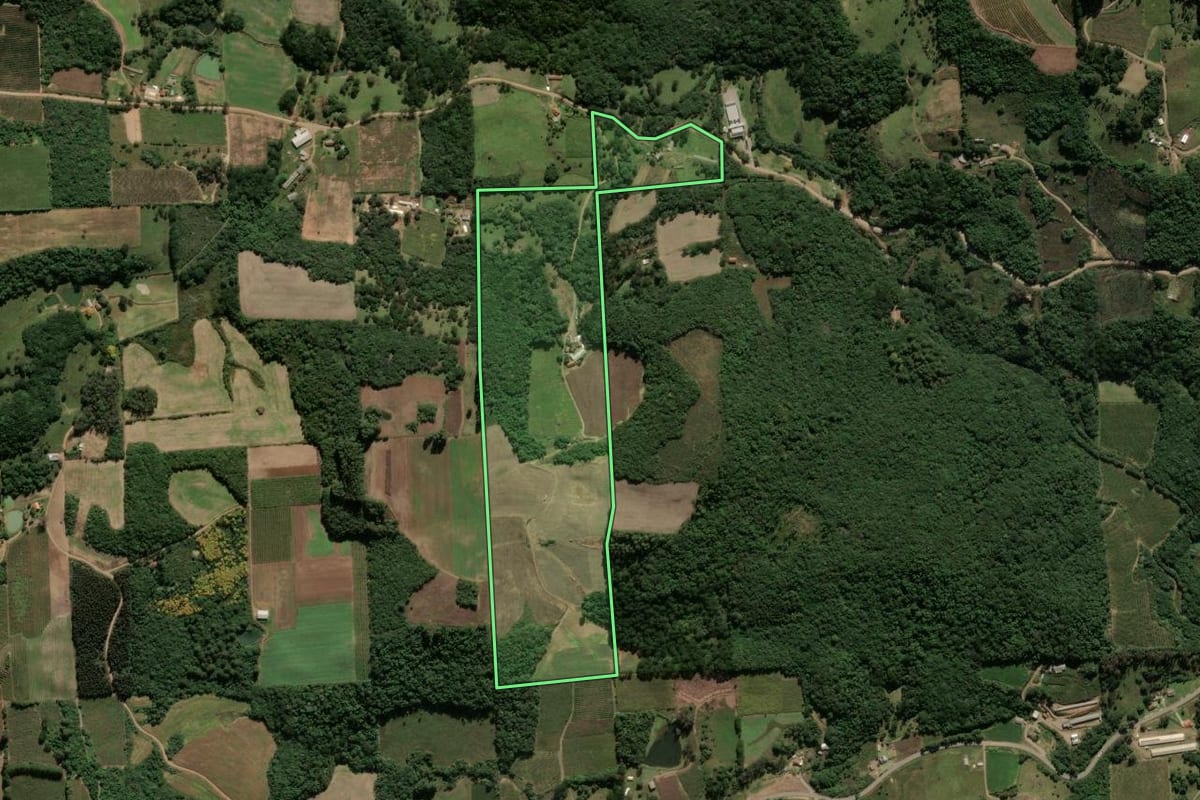 Imagem de satélite do imóvel rural em Antônio Prado (RS), com o contorno declarado no CAR desenhado por cima.