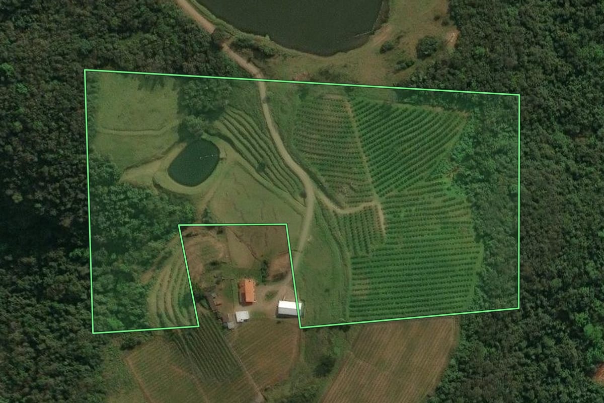 Imagem de satélite do imóvel rural em Antônio Prado (RS), com o contorno declarado no CAR desenhado por cima.