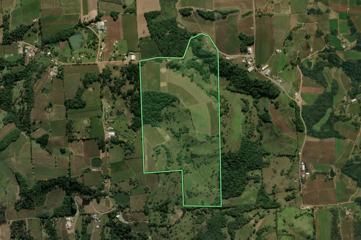 Imagem de satélite do imóvel rural em Antônio Prado (RS), com o contorno declarado no CAR desenhado por cima.