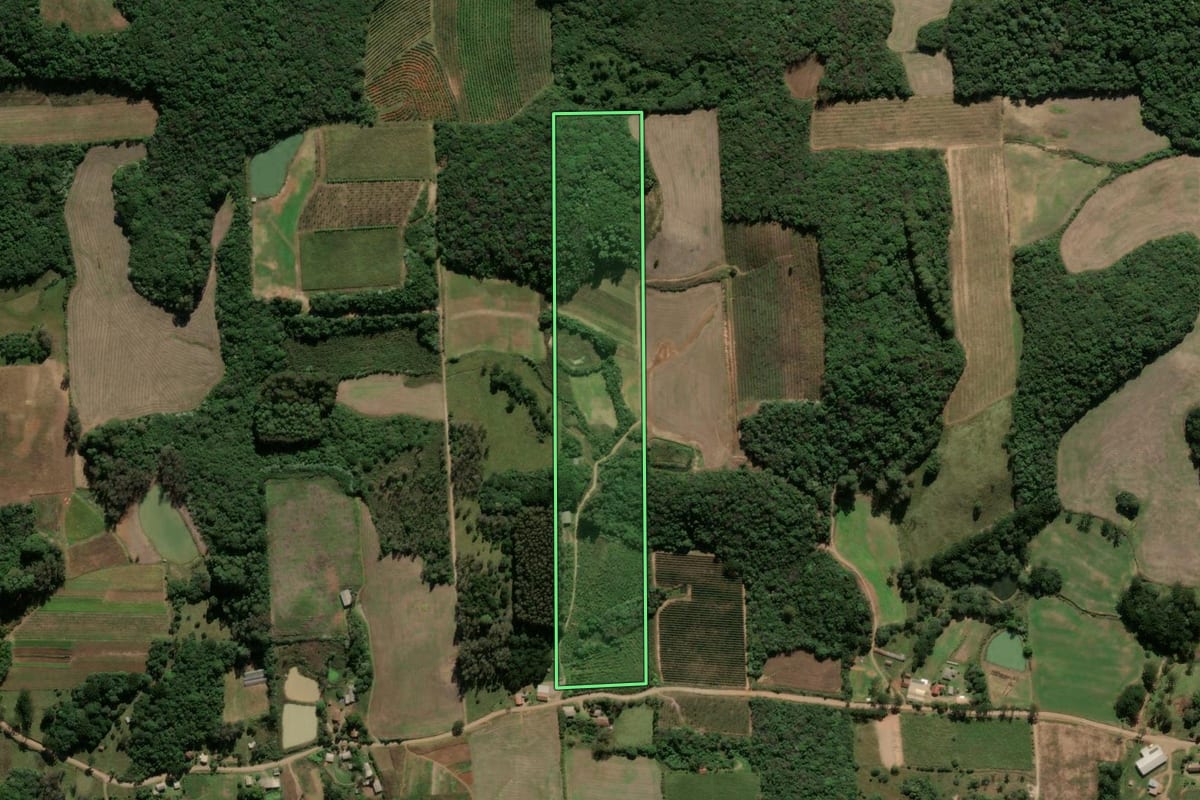 Imagem de satélite do imóvel rural em Antônio Prado (RS), com o contorno declarado no CAR desenhado por cima.