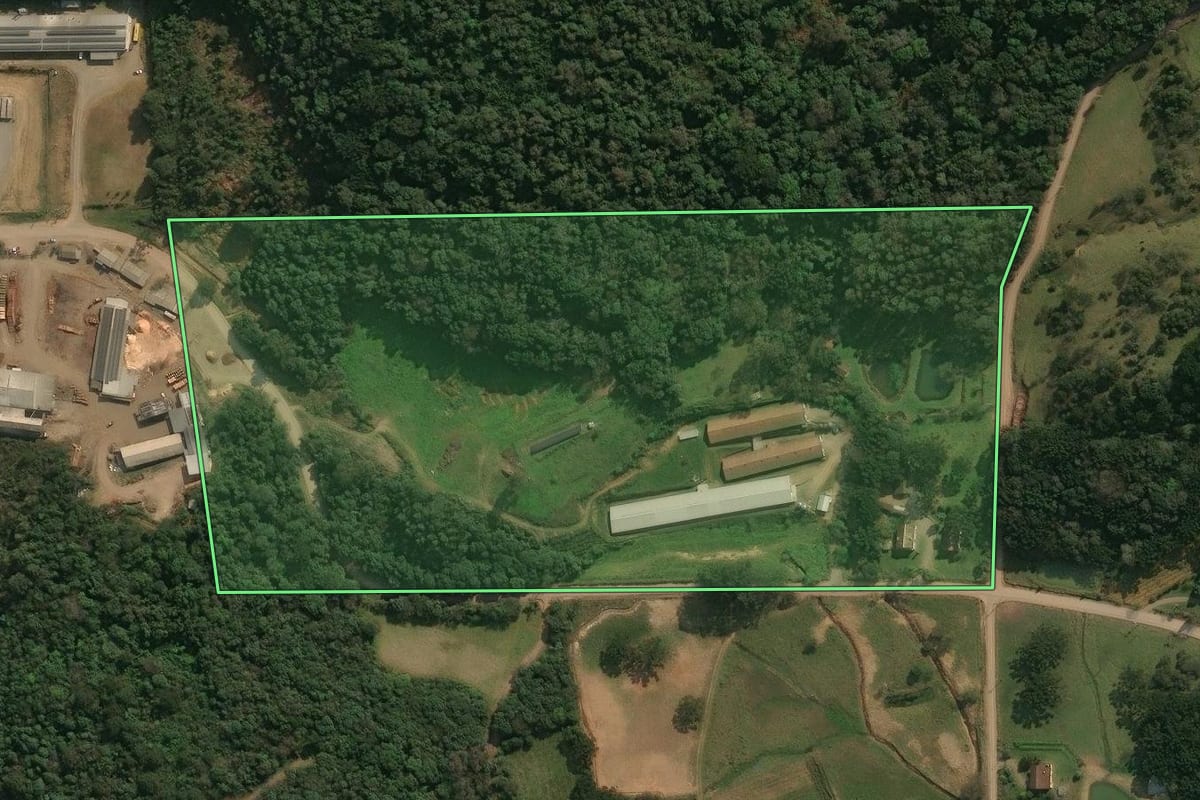Imagem de satélite do imóvel rural em Antônio Prado (RS), com o contorno declarado no CAR desenhado por cima.