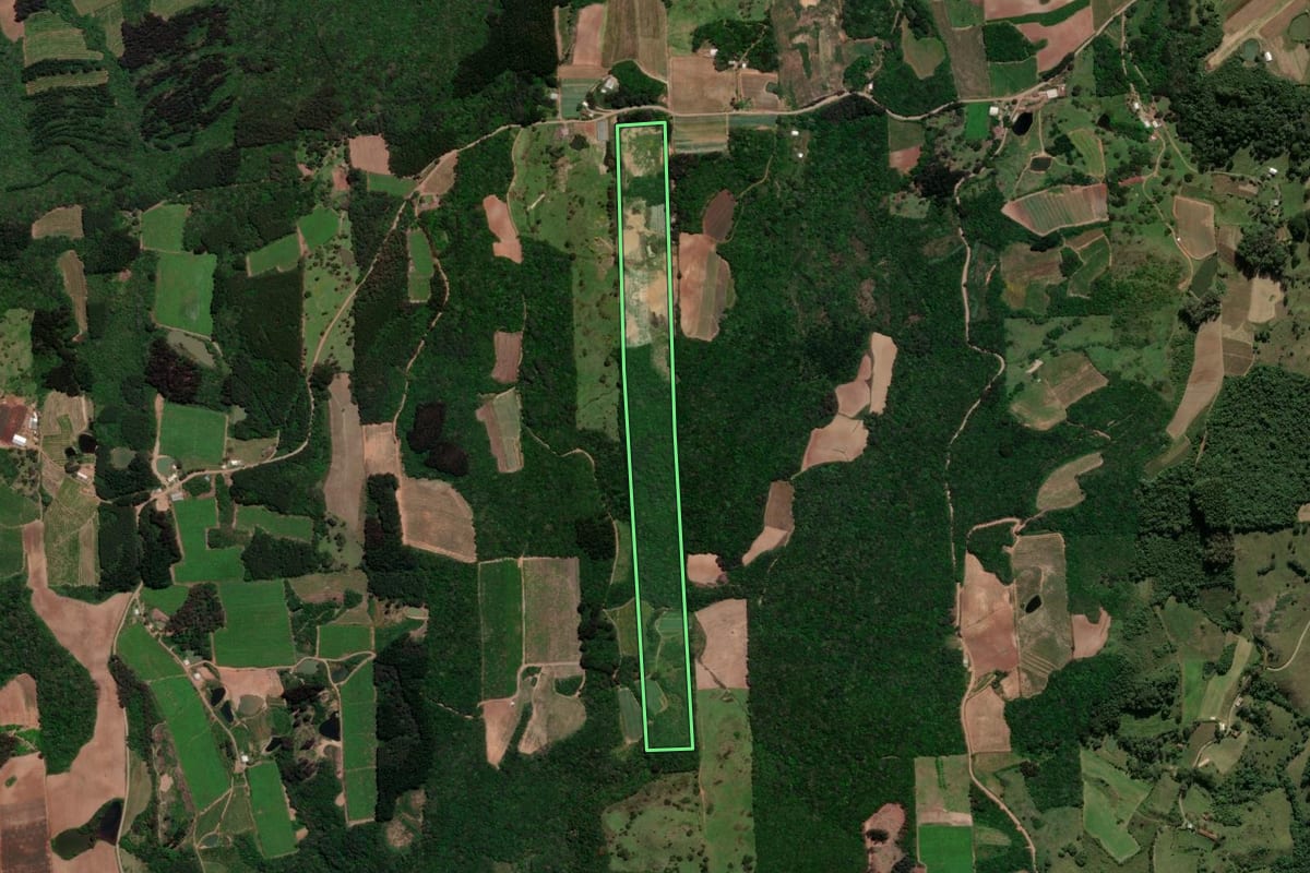 Imagem de satélite do imóvel rural em Antônio Prado (RS), com o contorno declarado no CAR desenhado por cima.