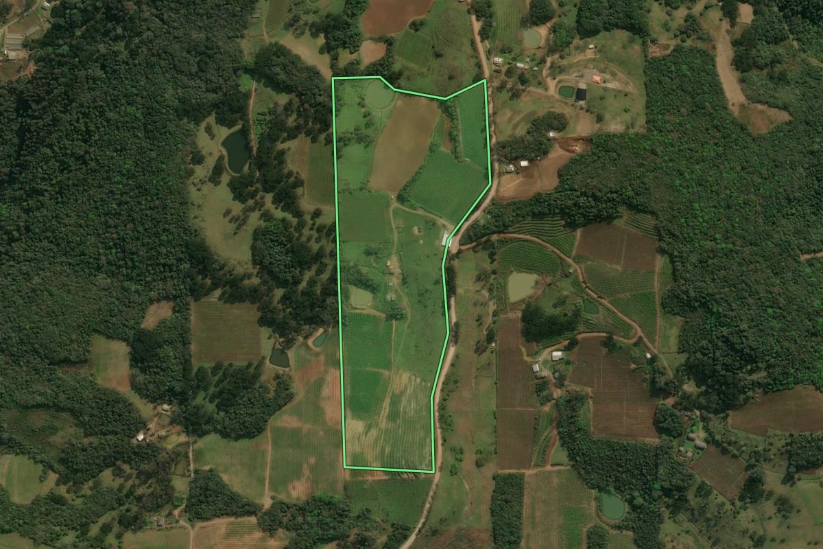 Imagem de satélite do imóvel rural em Antônio Prado (RS), com o contorno declarado no CAR desenhado por cima.
