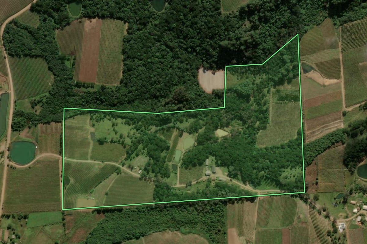 Imagem de satélite do imóvel rural em Antônio Prado (RS), com o contorno declarado no CAR desenhado por cima.