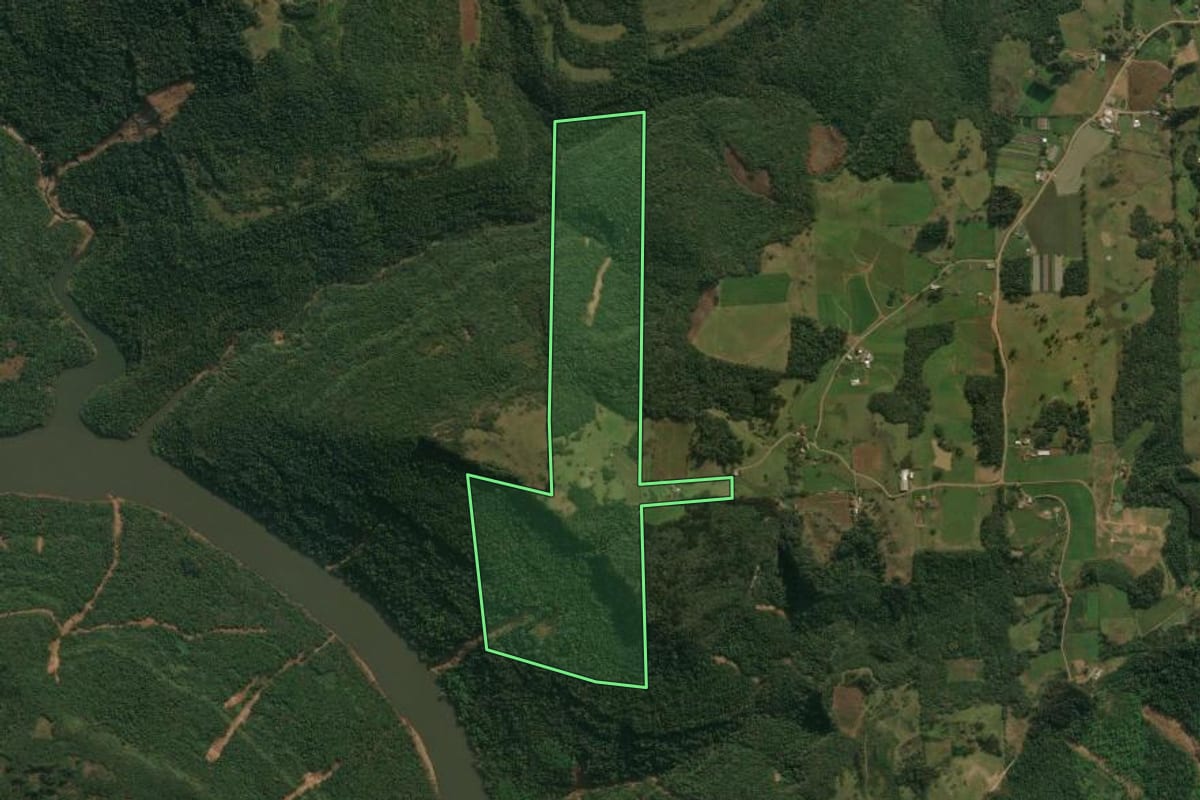 Imagem de satélite do imóvel rural em Antônio Prado (RS), com o contorno declarado no CAR desenhado por cima.
