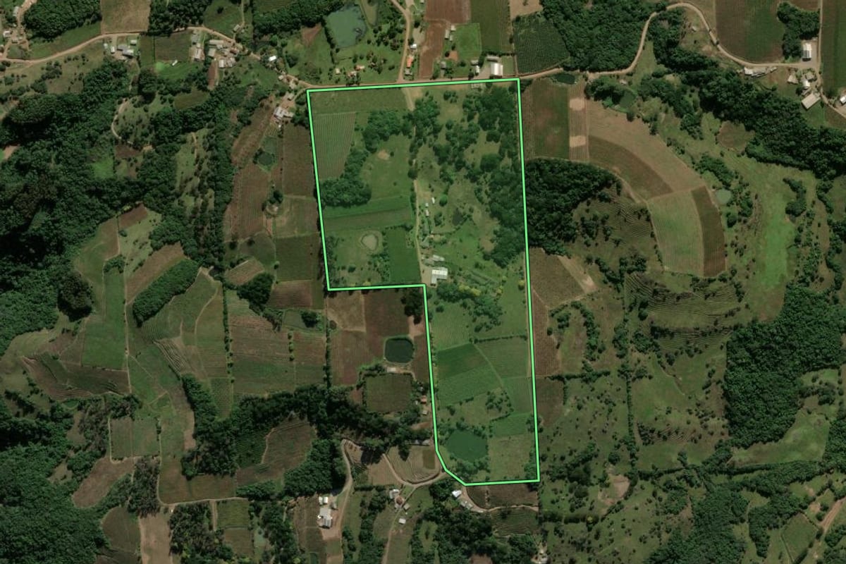 Imagem de satélite do imóvel rural em Antônio Prado (RS), com o contorno declarado no CAR desenhado por cima.