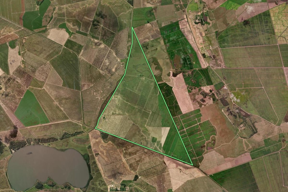 Imagem de satélite do imóvel rural em Arambaré (RS), com o contorno declarado no CAR desenhado por cima.