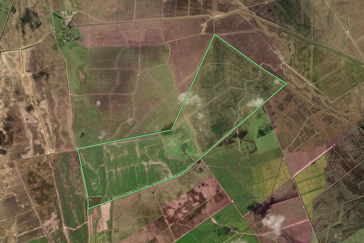 Imagem de satélite do imóvel rural em Arambaré (RS), com o contorno declarado no CAR desenhado por cima.