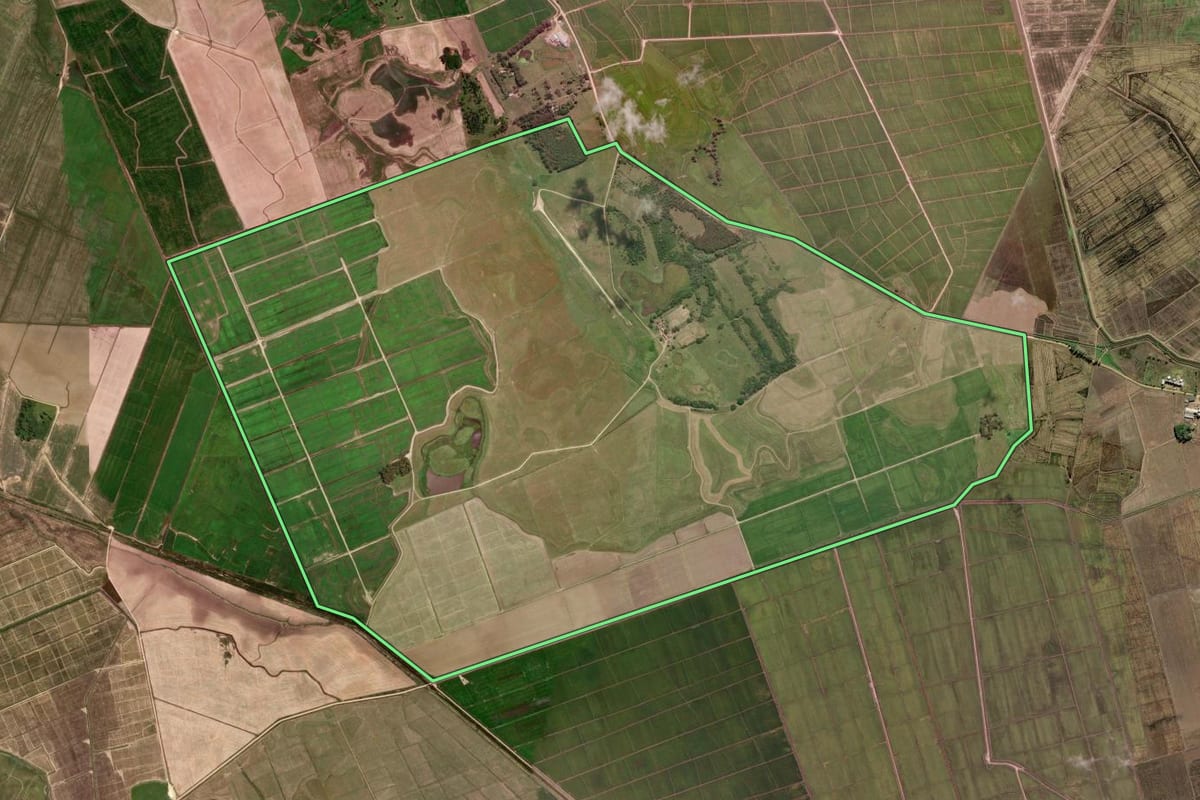 Imagem de satélite do imóvel rural em Arambaré (RS), com o contorno declarado no CAR desenhado por cima.