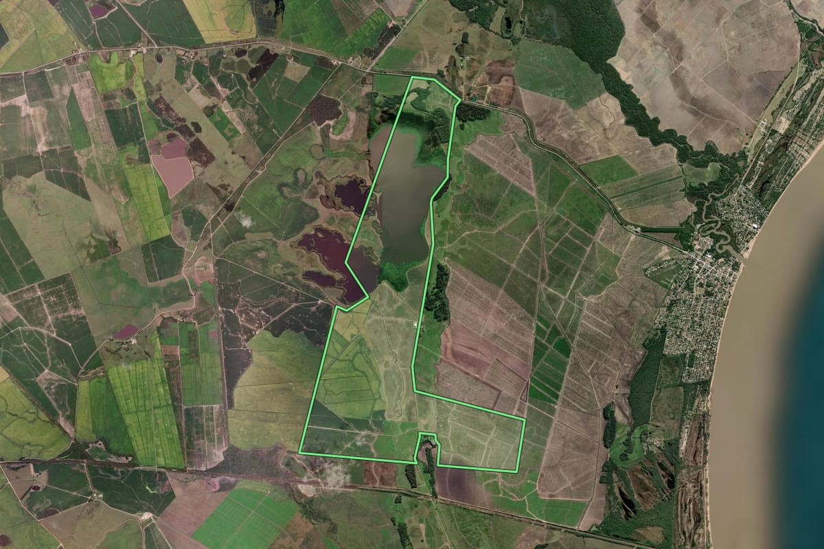Imagem de satélite do imóvel rural em Arambaré (RS), com o contorno declarado no CAR desenhado por cima.