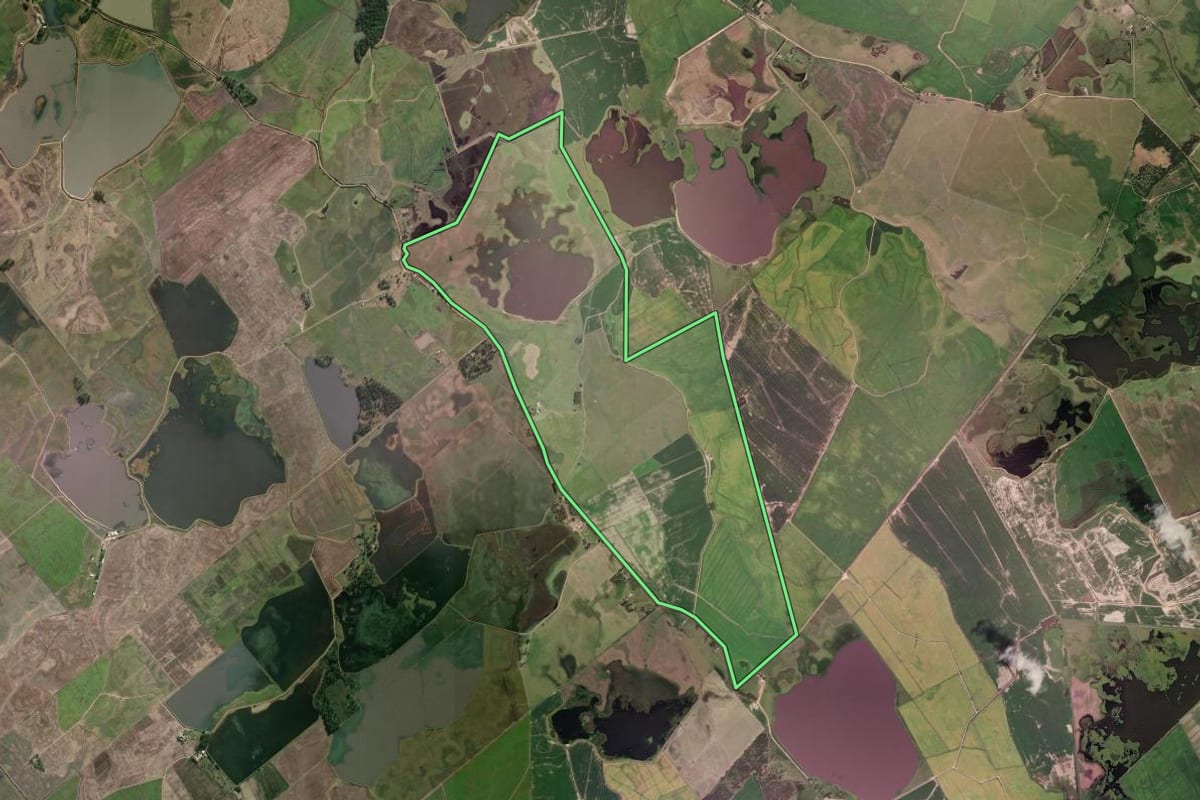 Imagem de satélite do imóvel rural em Arambaré (RS), com o contorno declarado no CAR desenhado por cima.