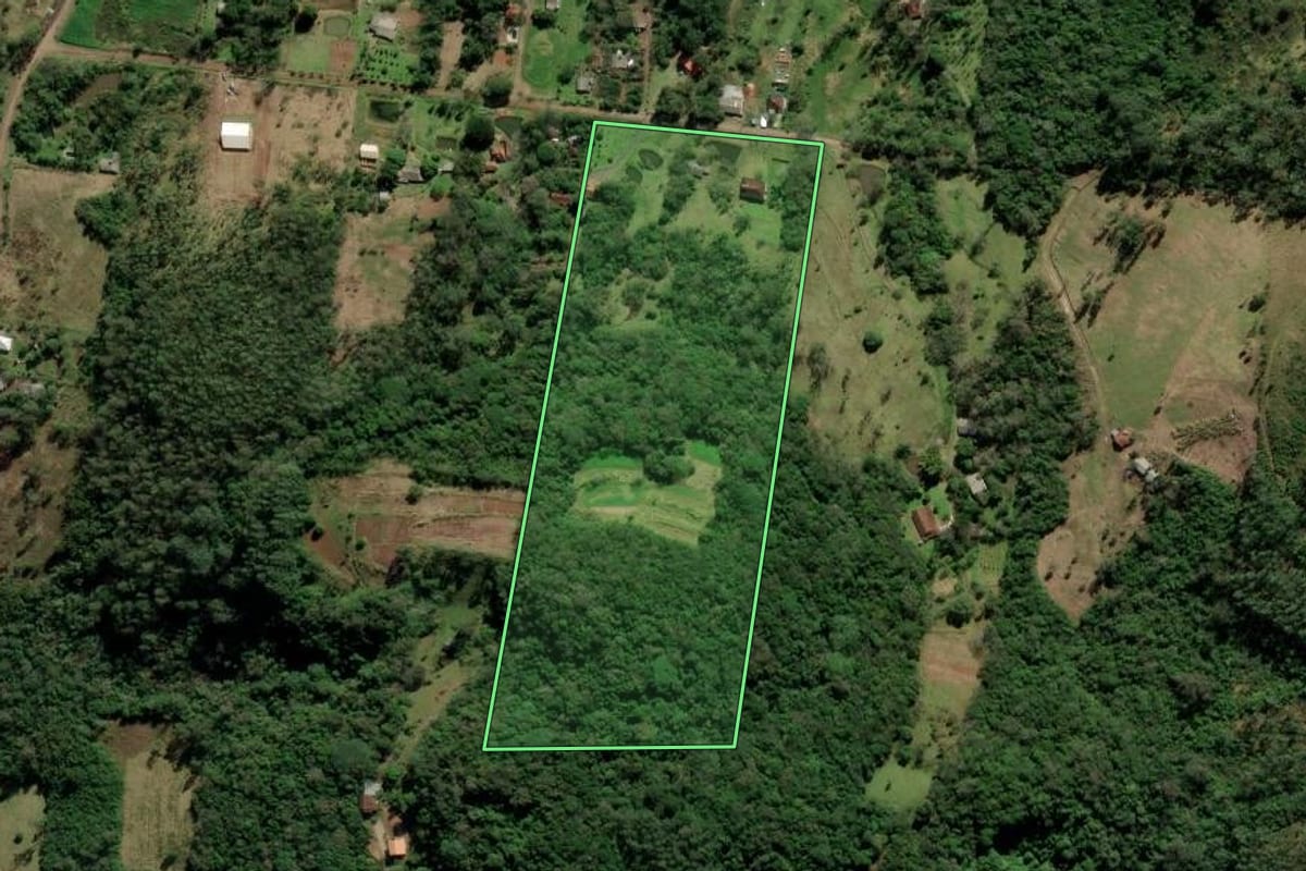 Imagem de satélite do imóvel rural em Araricá (RS), com o contorno declarado no CAR desenhado por cima.