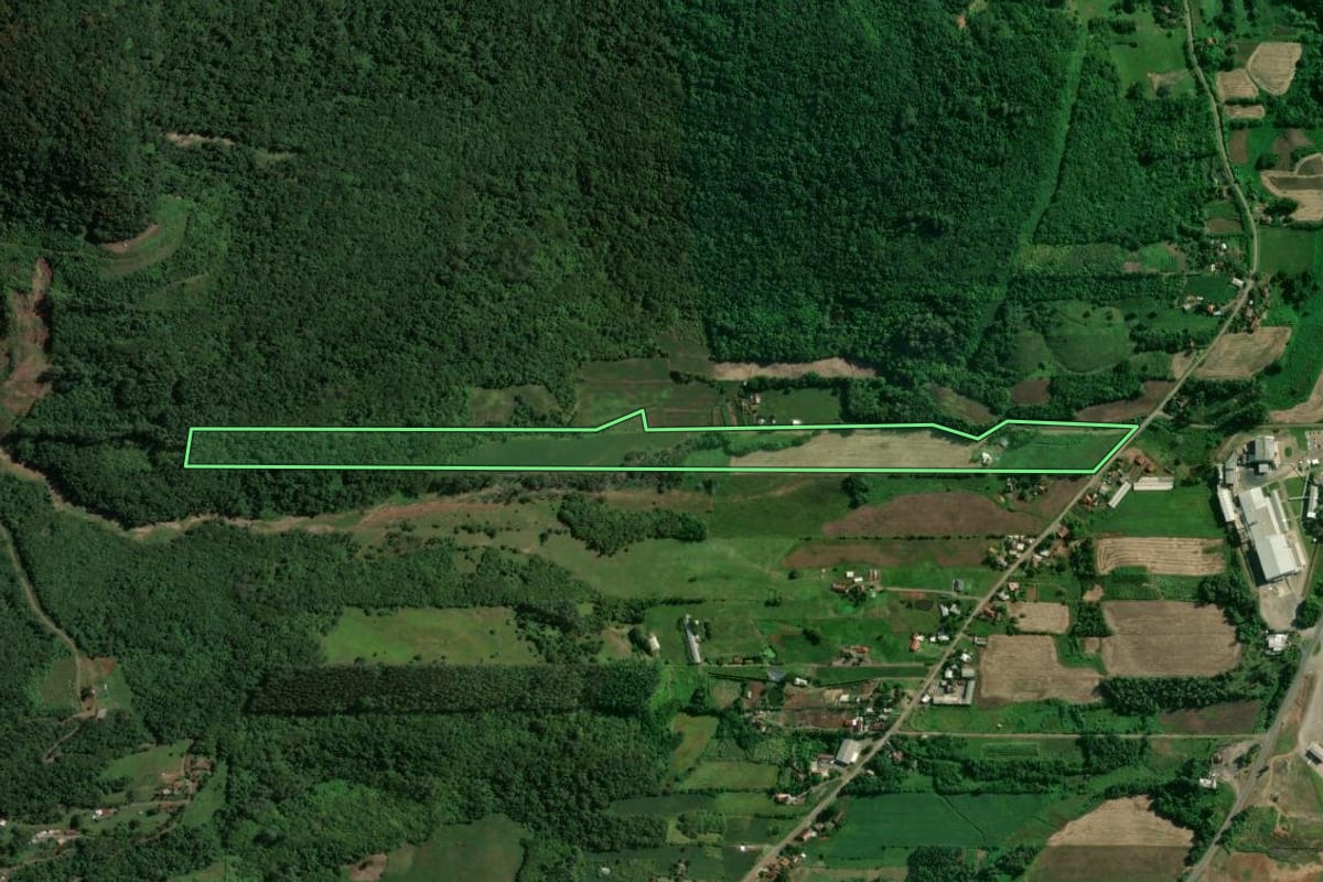 Imagem de satélite do imóvel rural em Arroio do Meio (RS), com o contorno declarado no CAR desenhado por cima.