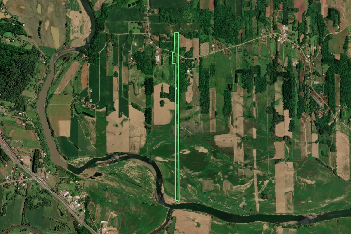 Imagem de satélite do imóvel rural em Arroio do Meio (RS), com o contorno declarado no CAR desenhado por cima.