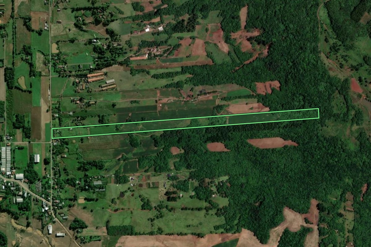 Imagem de satélite do imóvel rural em Arroio do Meio (RS), com o contorno declarado no CAR desenhado por cima.