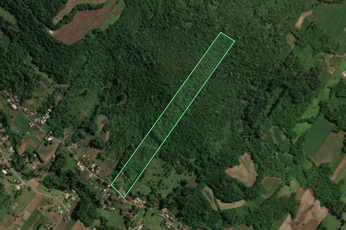Imagem de satélite do imóvel rural em Arroio do Meio (RS), com o contorno declarado no CAR desenhado por cima.