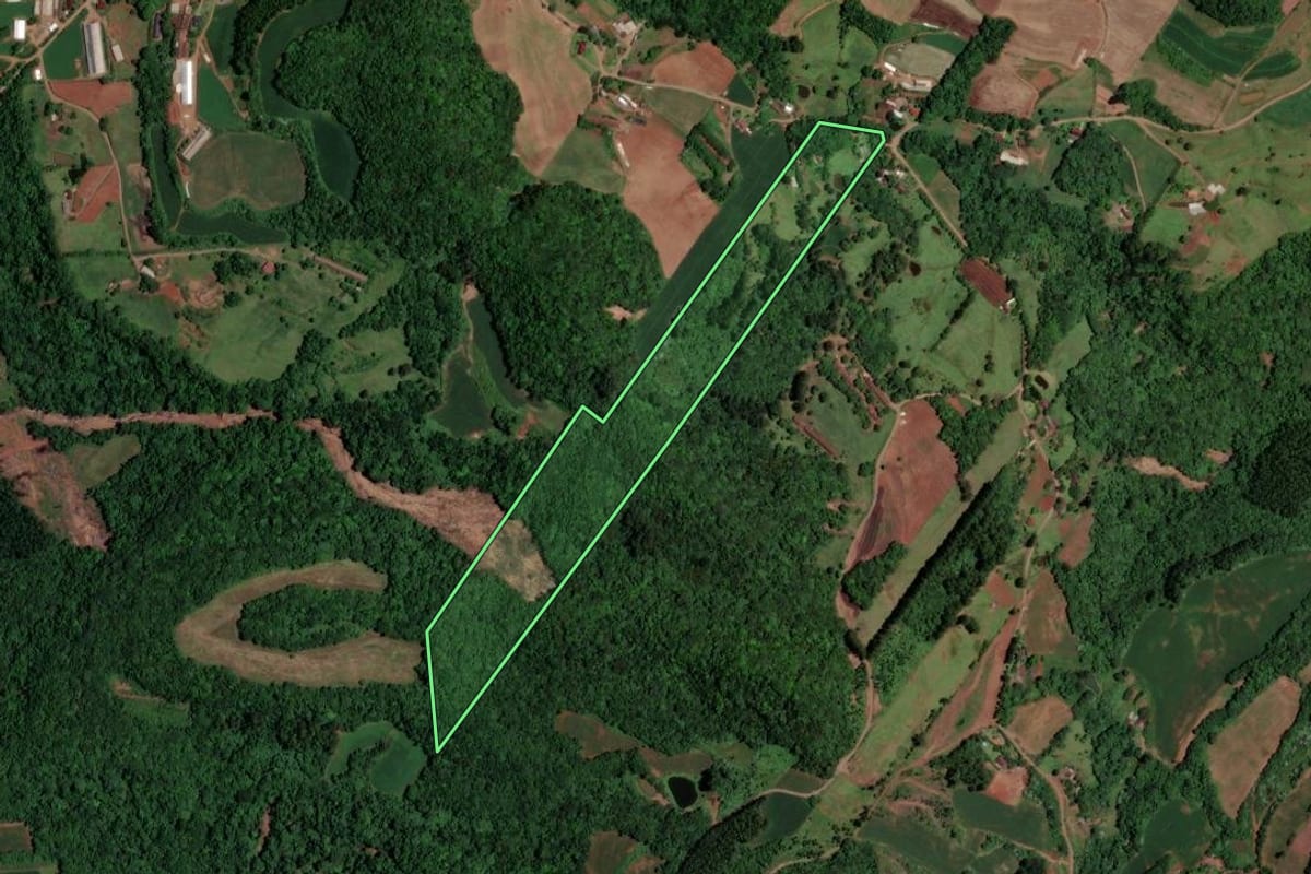 Imagem de satélite do imóvel rural em Arroio do Meio (RS), com o contorno declarado no CAR desenhado por cima.