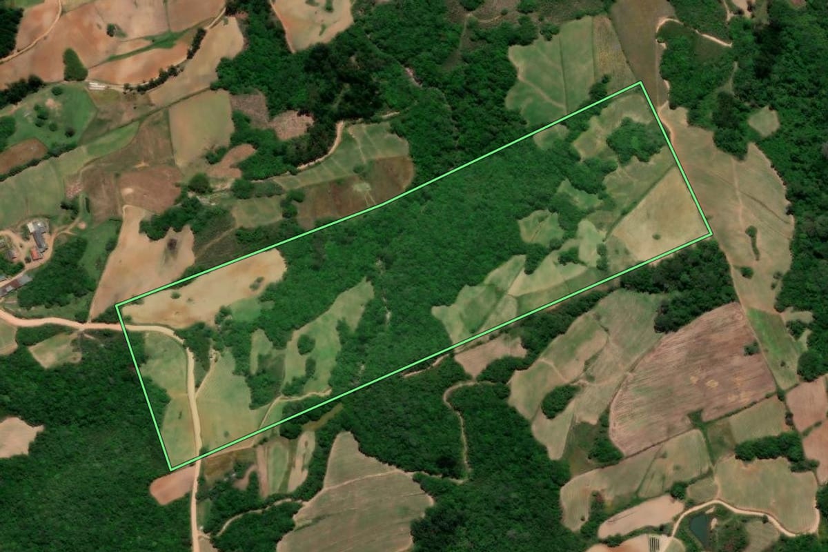 Imagem de satélite do imóvel rural em Arroio do Padre (RS), com o contorno declarado no CAR desenhado por cima.