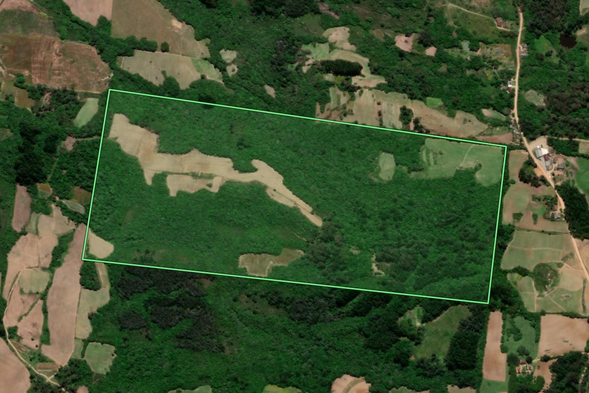 Imagem de satélite do imóvel rural em Arroio do Padre (RS), com o contorno declarado no CAR desenhado por cima.