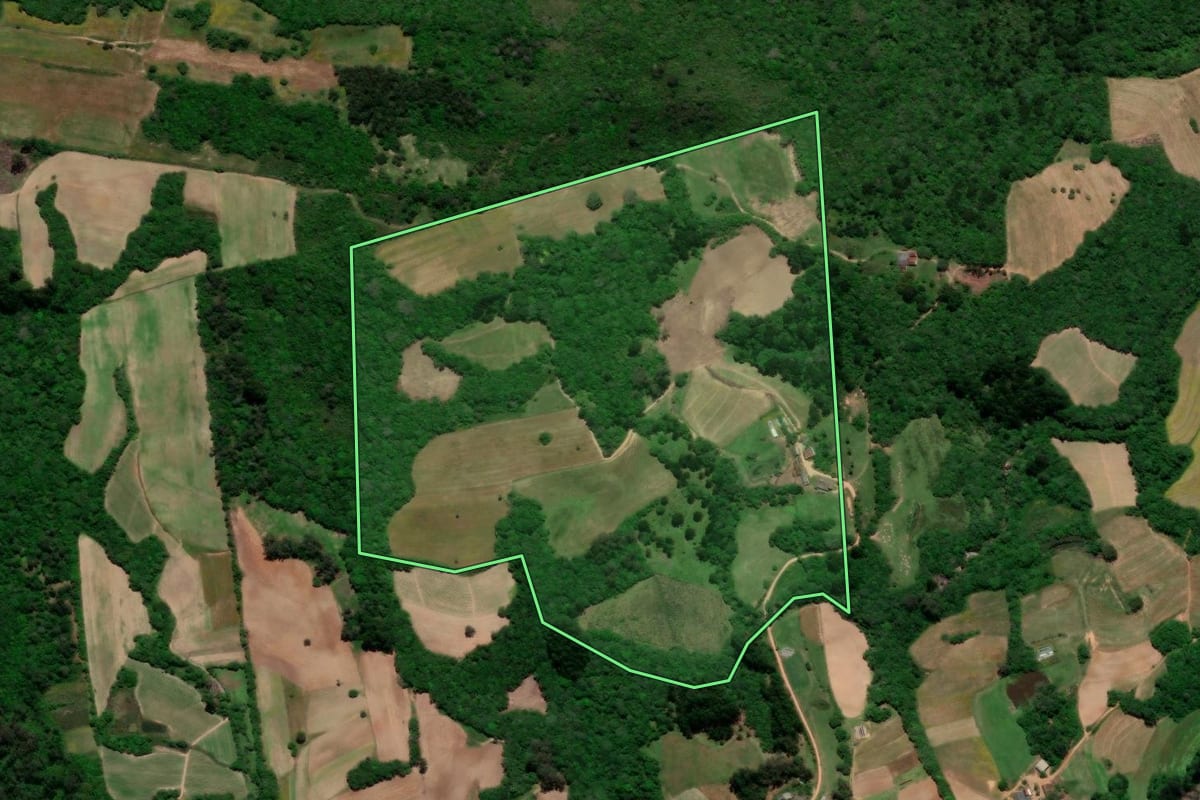 Imagem de satélite do imóvel rural em Arroio do Padre (RS), com o contorno declarado no CAR desenhado por cima.