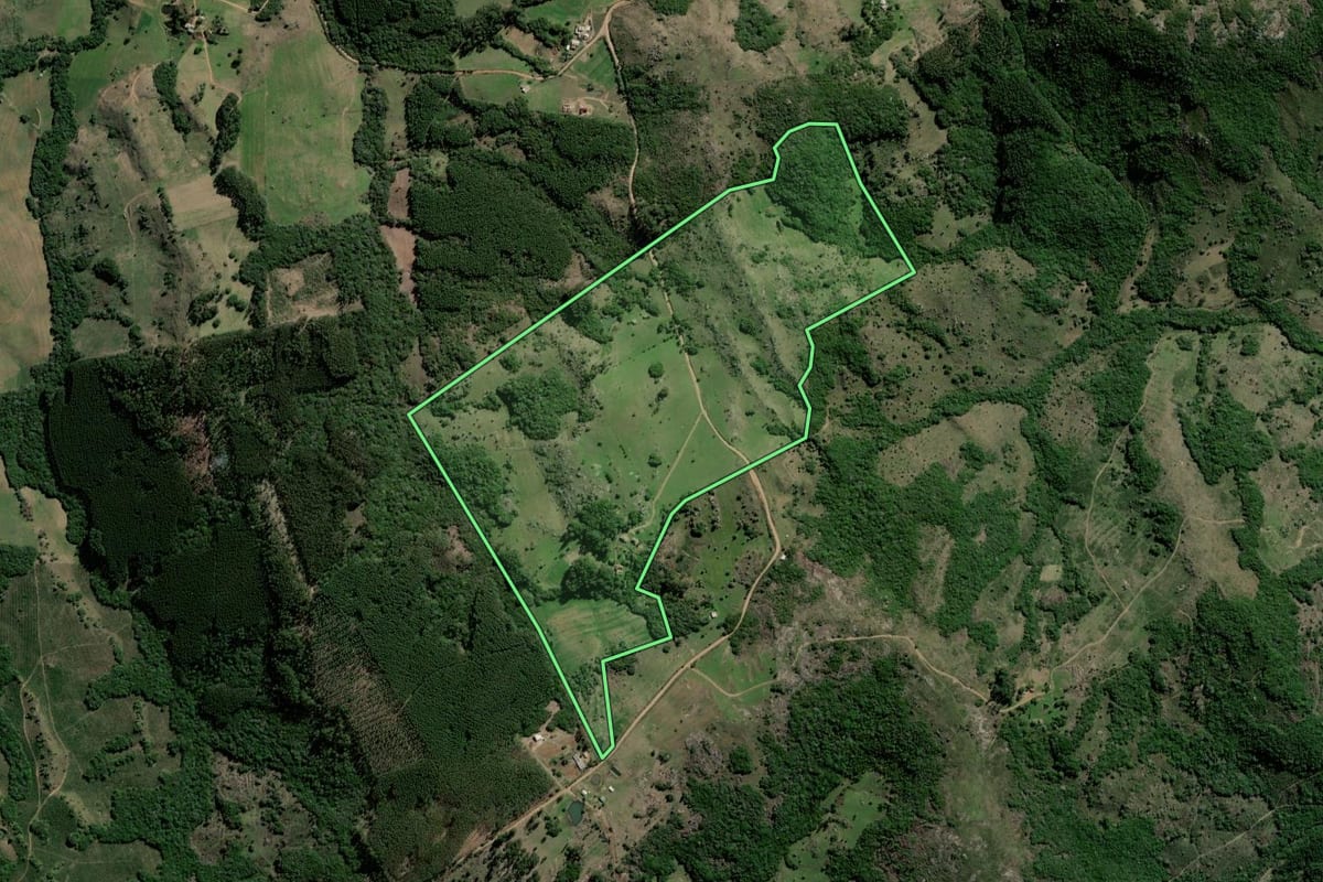 Imagem de satélite do imóvel rural em Arroio dos Ratos (RS), com o contorno declarado no CAR desenhado por cima.
