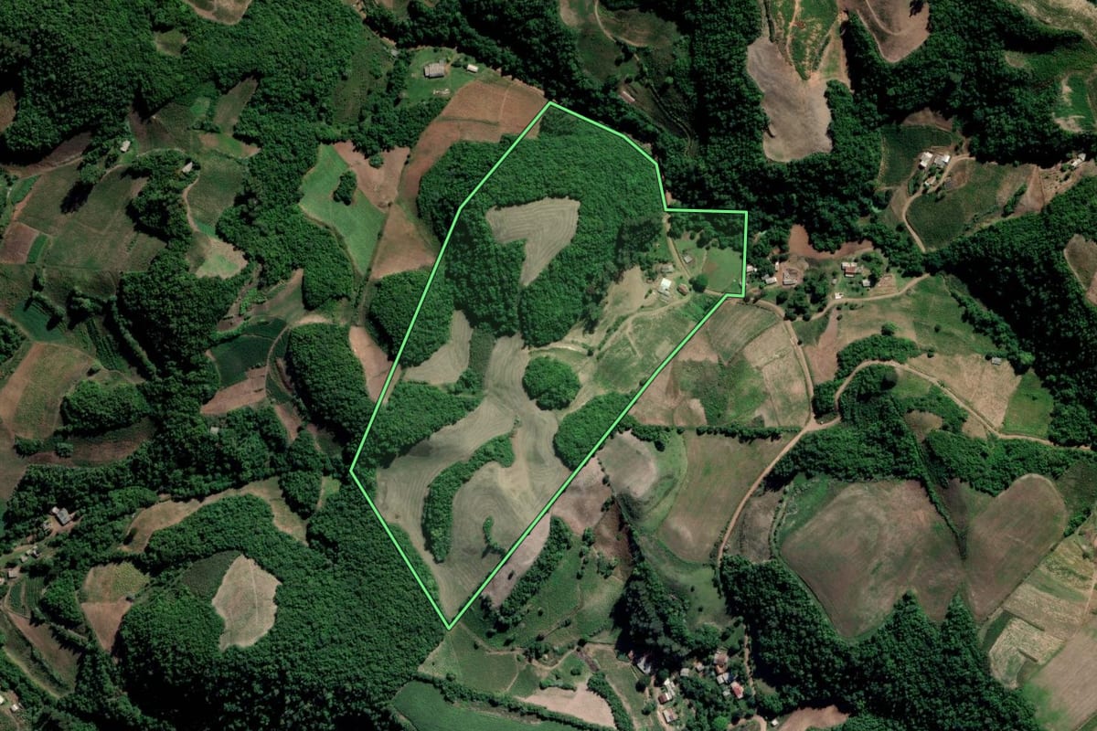 Imagem de satélite do imóvel rural em Arroio do Tigre (RS), com o contorno declarado no CAR desenhado por cima.