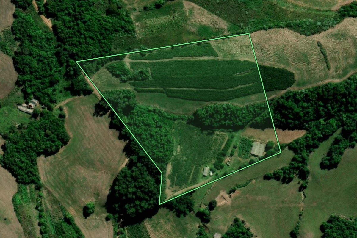 Imagem de satélite do imóvel rural em Arroio do Tigre (RS), com o contorno declarado no CAR desenhado por cima.