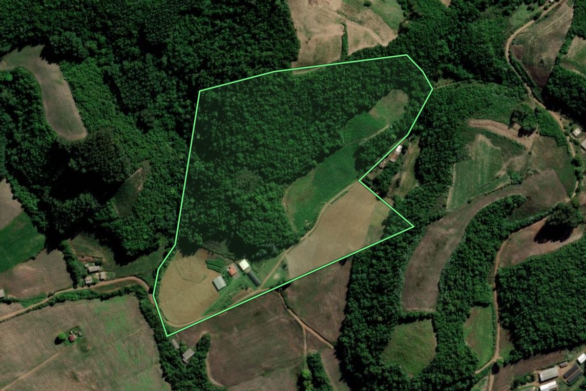 Imagem de satélite do imóvel rural em Arroio do Tigre (RS), com o contorno declarado no CAR desenhado por cima.