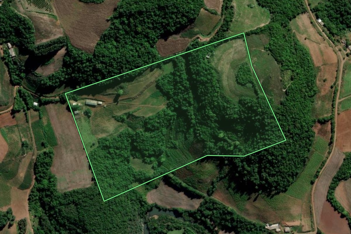 Imagem de satélite do imóvel rural em Arroio do Tigre (RS), com o contorno declarado no CAR desenhado por cima.