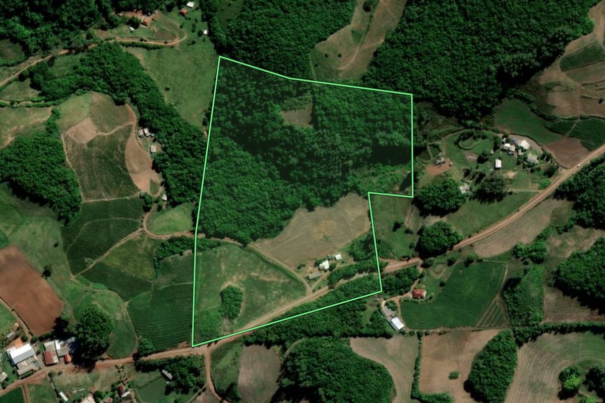 Imagem de satélite do imóvel rural em Arroio do Tigre (RS), com o contorno declarado no CAR desenhado por cima.