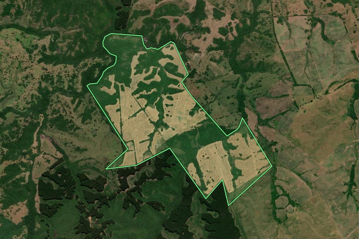 Imagem de satélite do imóvel rural em Arroio Grande (RS), com o contorno declarado no CAR desenhado por cima.