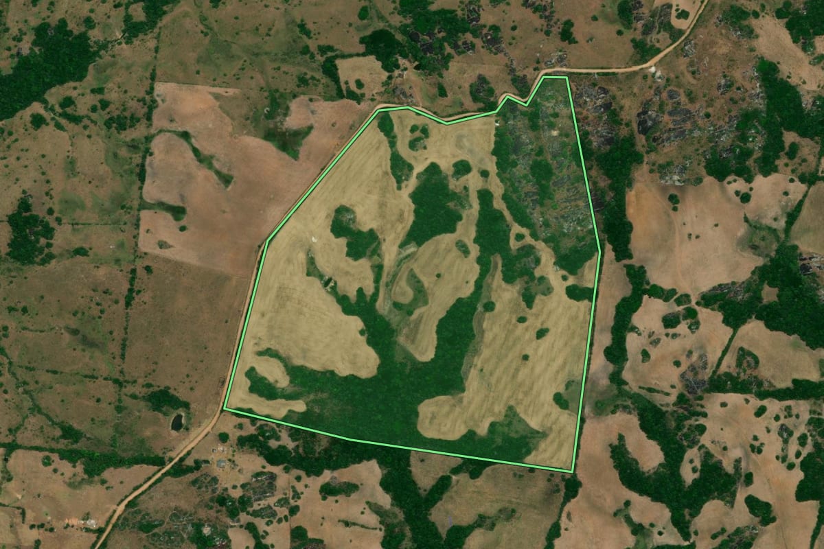 Imagem de satélite do imóvel rural em Arroio Grande (RS), com o contorno declarado no CAR desenhado por cima.