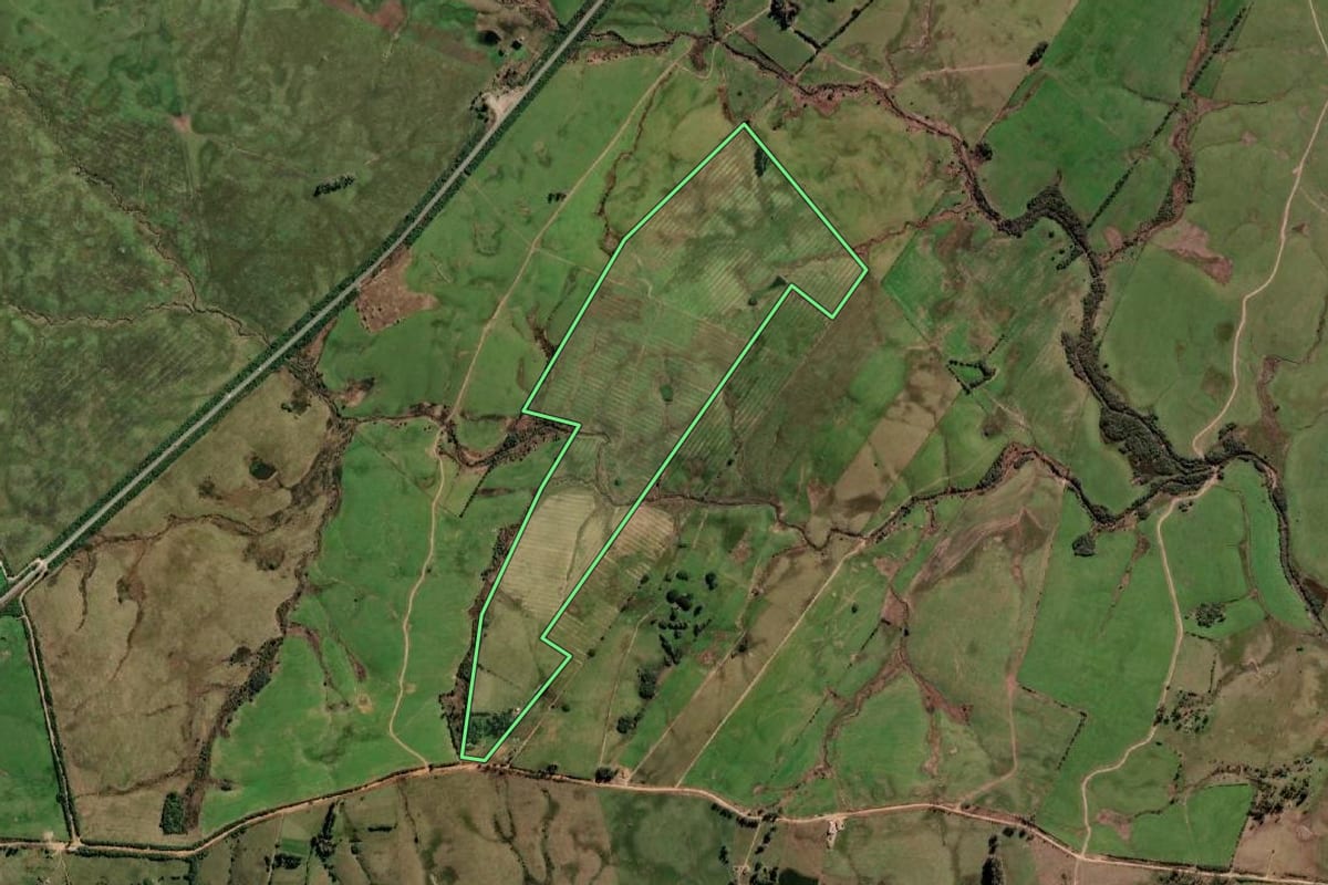 Imagem de satélite do imóvel rural em Arroio Grande (RS), com o contorno declarado no CAR desenhado por cima.