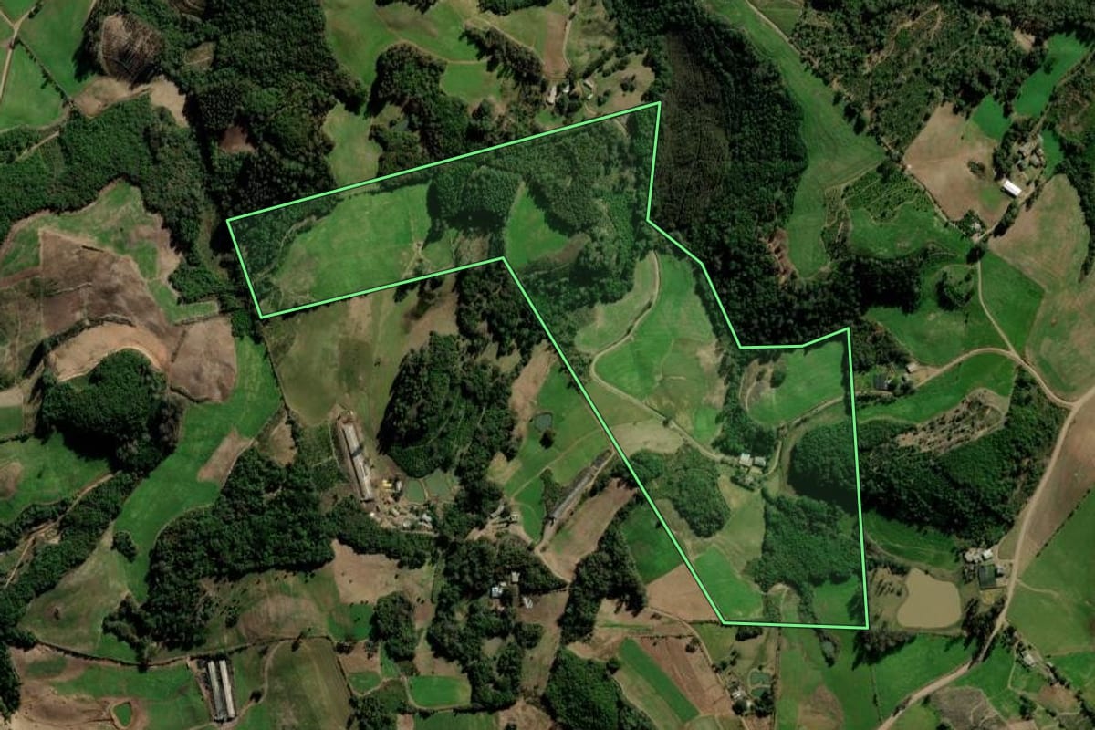Imagem de satélite do imóvel rural em Arvorezinha (RS), com o contorno declarado no CAR desenhado por cima.