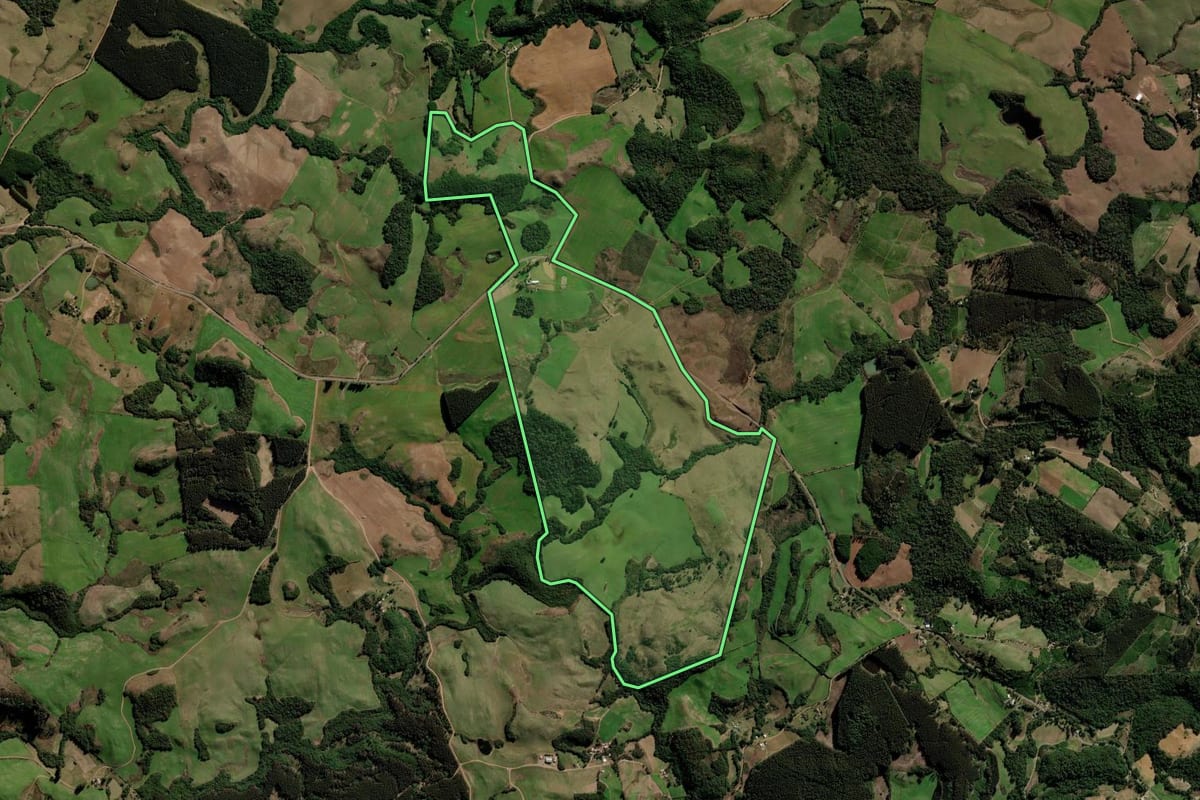 Imagem de satélite do imóvel rural em Arvorezinha (RS), com o contorno declarado no CAR desenhado por cima.