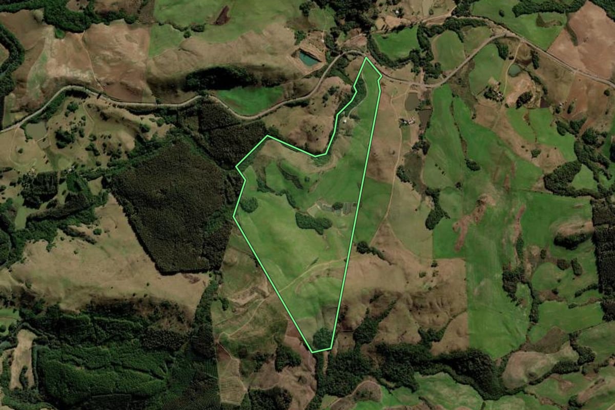 Imagem de satélite do imóvel rural em Arvorezinha (RS), com o contorno declarado no CAR desenhado por cima.