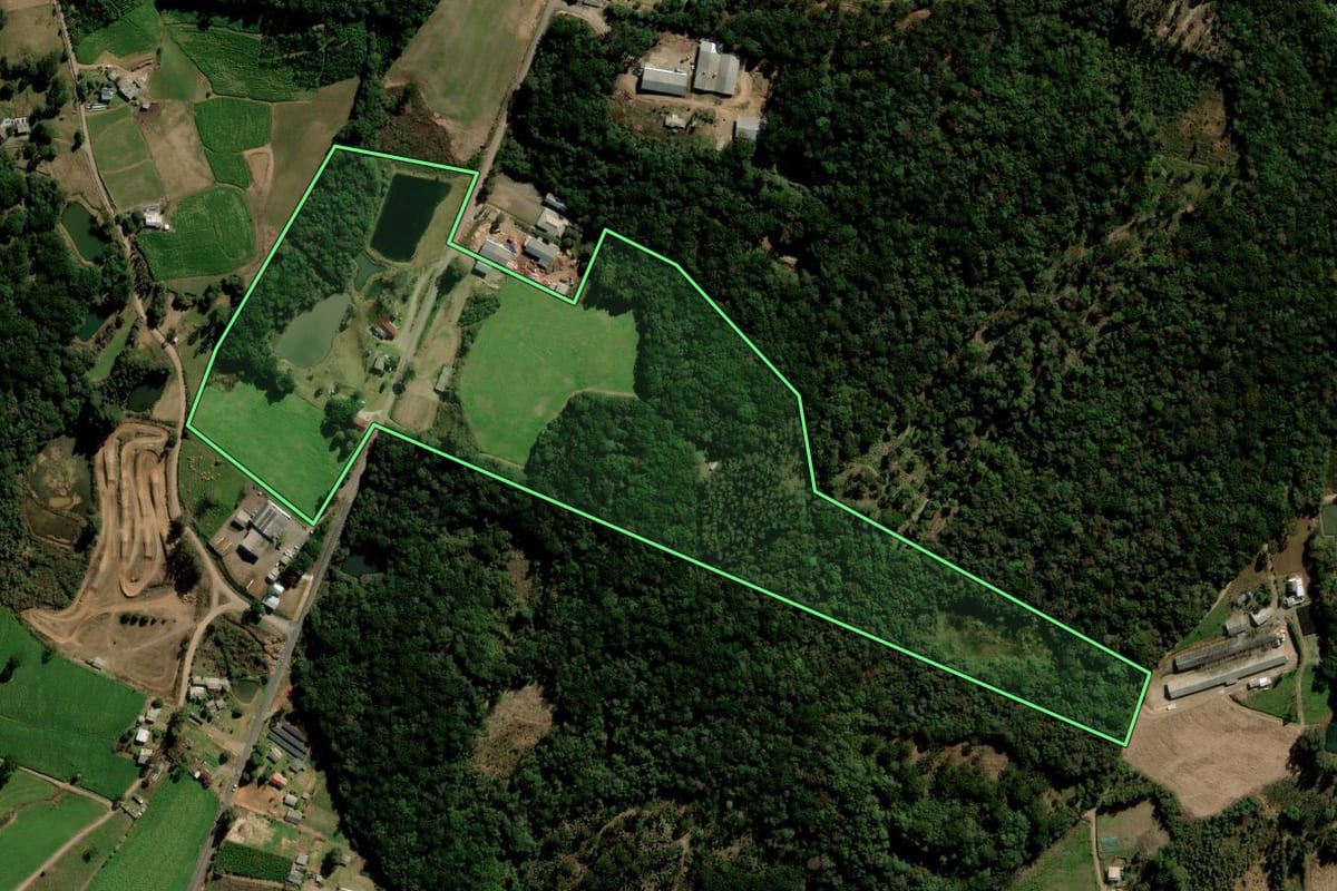 Imagem de satélite do imóvel rural em Arvorezinha (RS), com o contorno declarado no CAR desenhado por cima.