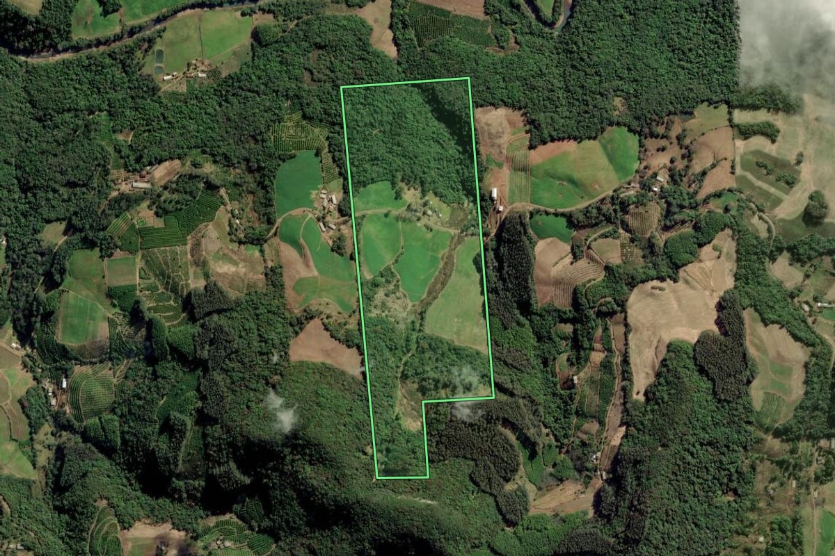 Imagem de satélite do imóvel rural em Arvorezinha (RS), com o contorno declarado no CAR desenhado por cima.