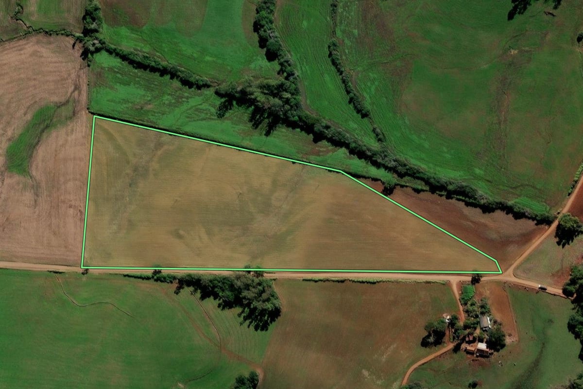 Imagem de satélite do imóvel rural em Augusto Pestana (RS), com o contorno declarado no CAR desenhado por cima.