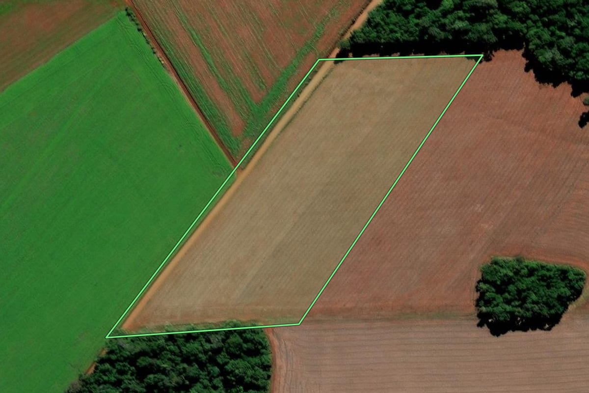 Imagem de satélite do imóvel rural em Augusto Pestana (RS), com o contorno declarado no CAR desenhado por cima.