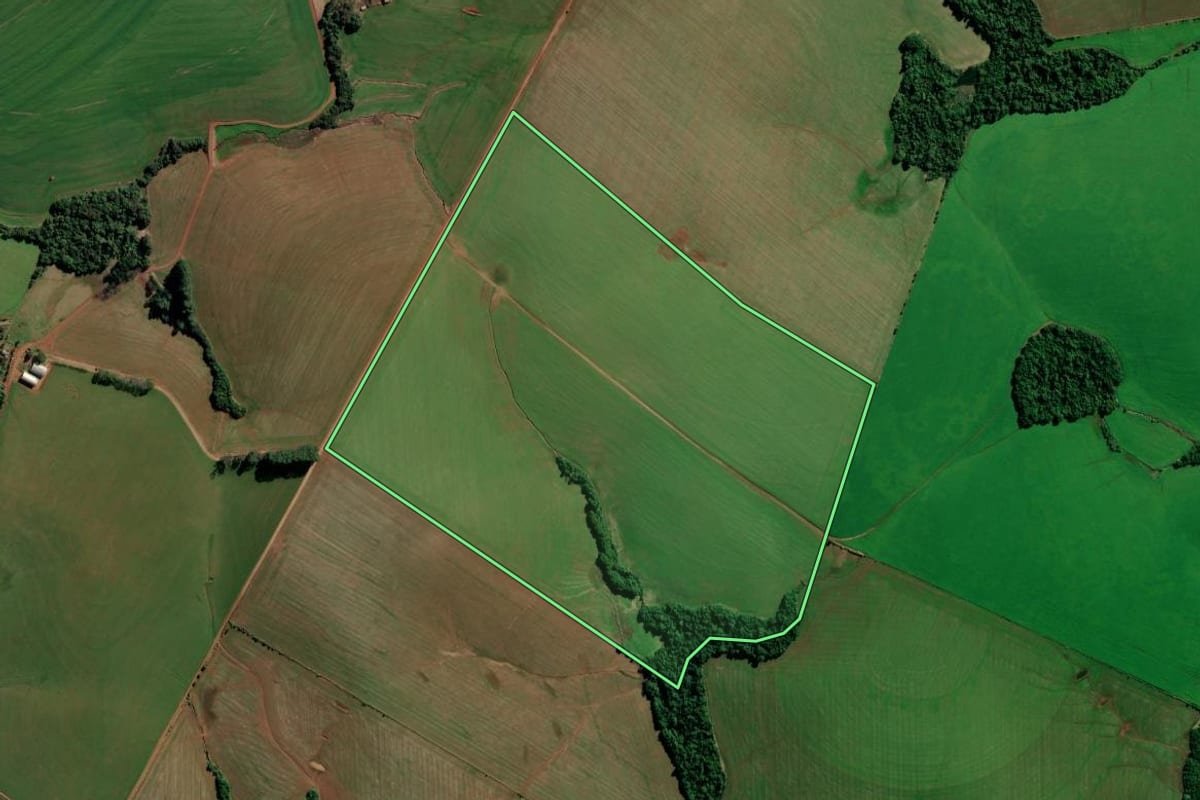 Imagem de satélite do imóvel rural em Augusto Pestana (RS), com o contorno declarado no CAR desenhado por cima.