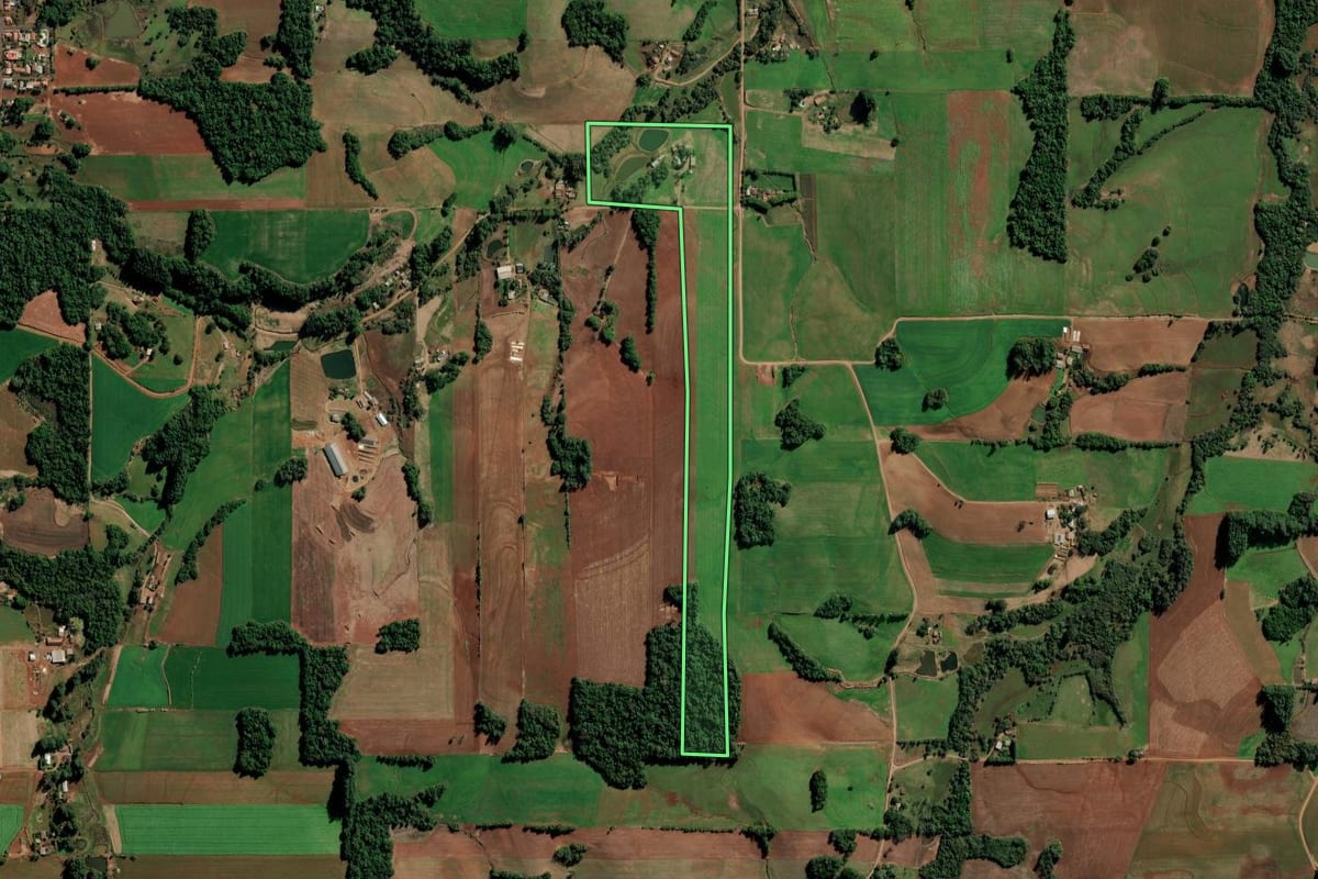 Imagem de satélite do imóvel rural em Augusto Pestana (RS), com o contorno declarado no CAR desenhado por cima.