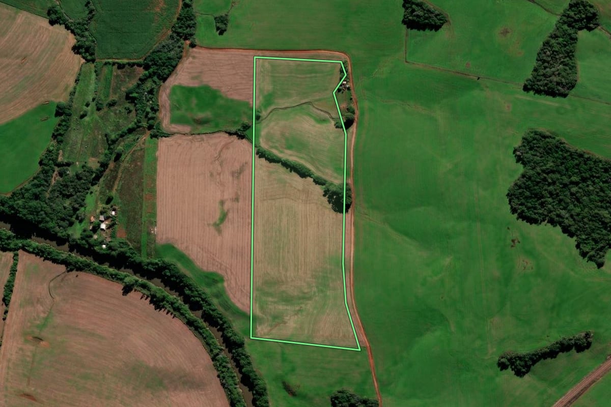 Imagem de satélite do imóvel rural em Augusto Pestana (RS), com o contorno declarado no CAR desenhado por cima.