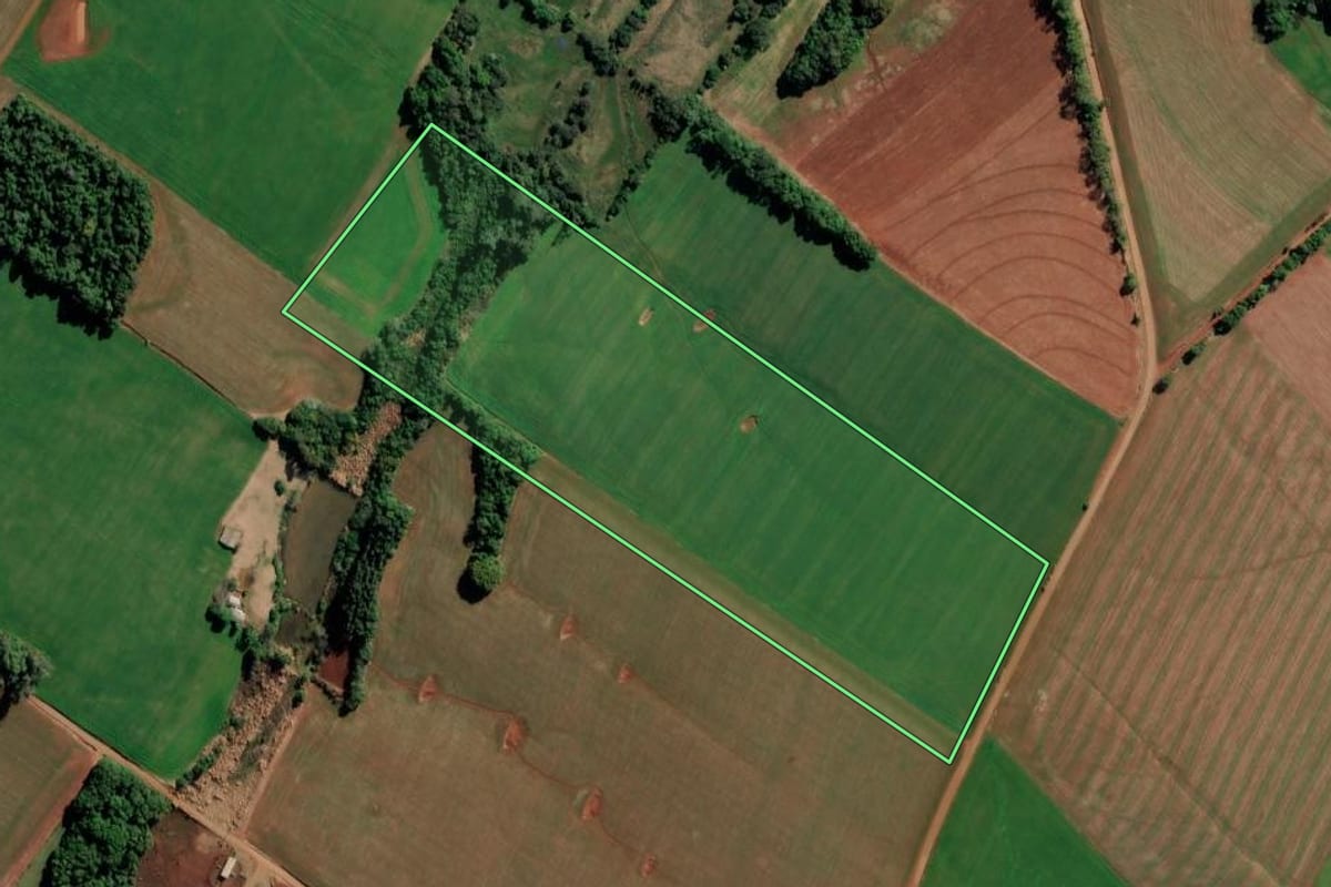 Imagem de satélite do imóvel rural em Augusto Pestana (RS), com o contorno declarado no CAR desenhado por cima.
