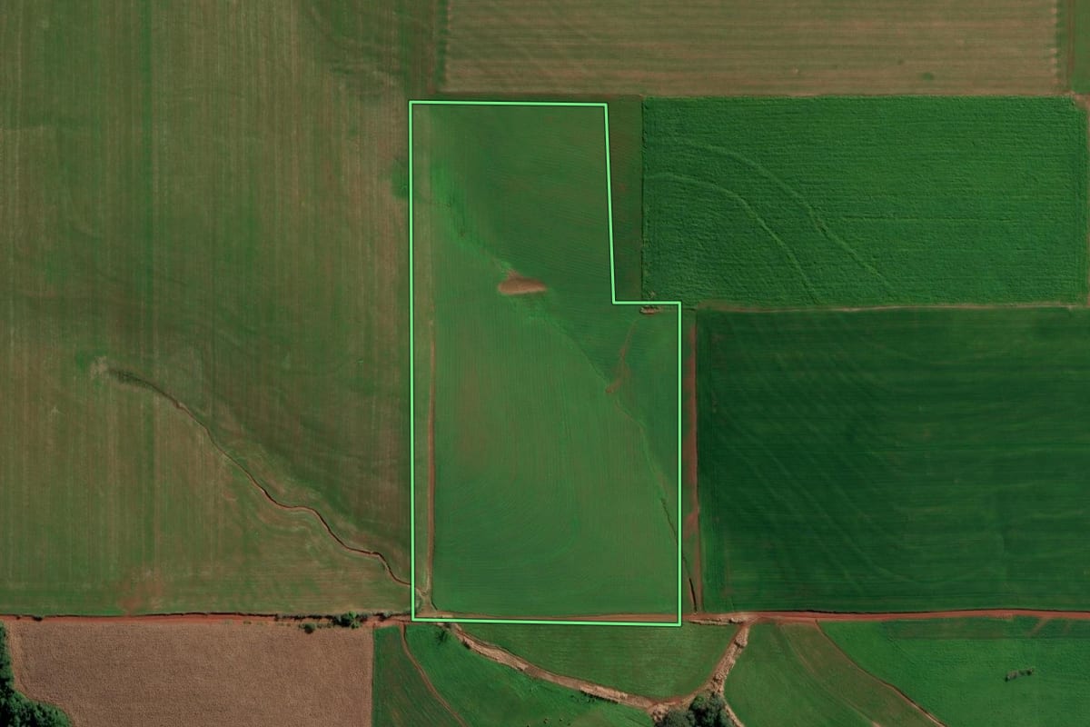 Imagem de satélite do imóvel rural em Augusto Pestana (RS), com o contorno declarado no CAR desenhado por cima.